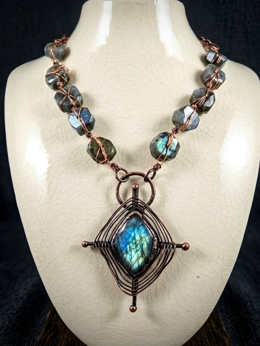 Handmade Natural Wheel Labradorite & Pendant Wire Wrapped Artisan Made Necklace